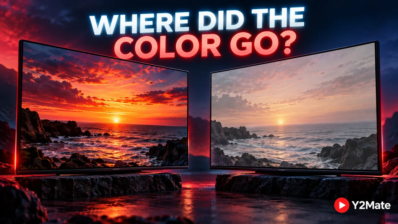 Two display panels showing a sunset with different color and brightness rendering