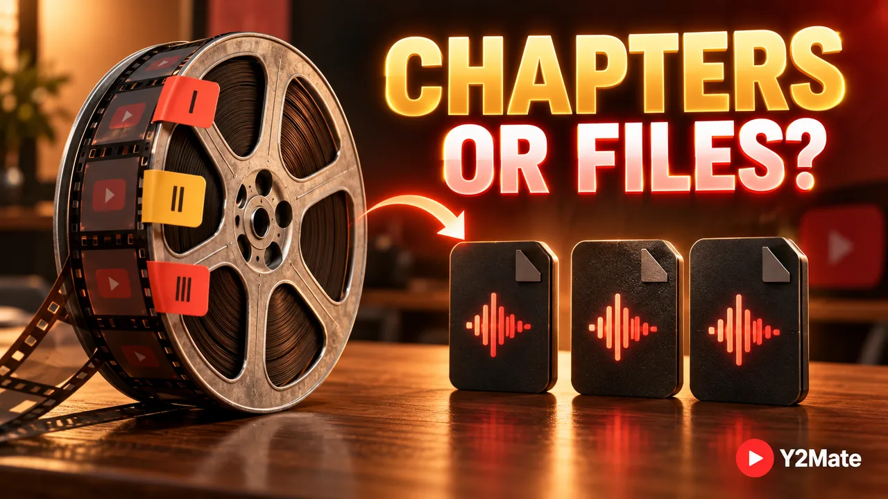 A film reel with chapter tabs beside separate audio-file blocks
