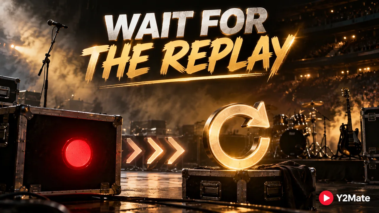 An empty concert stage with a replay symbol after a live performance